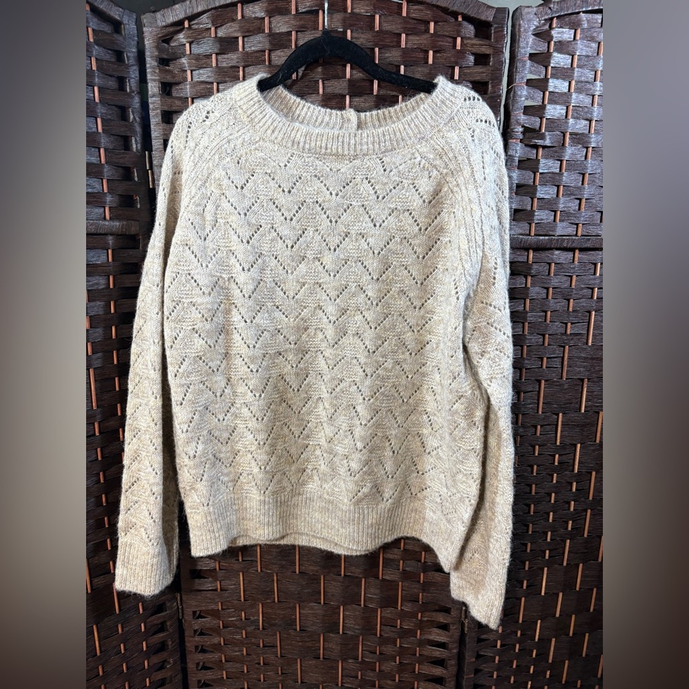 NWT MDM Beige Textured Knit Sweater XL – Chevron Pointelle Pattern, Wool Blend